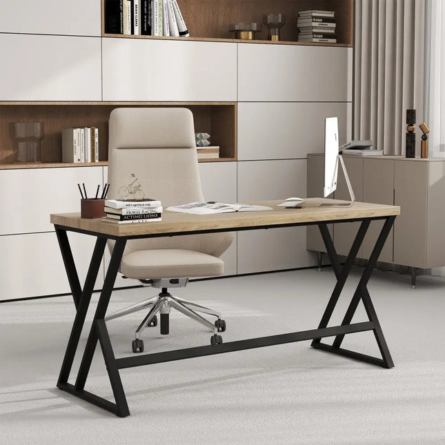 59 Inch Computer Desk with Heavy-duty Metal Frame and Crossbar-Gray Costway