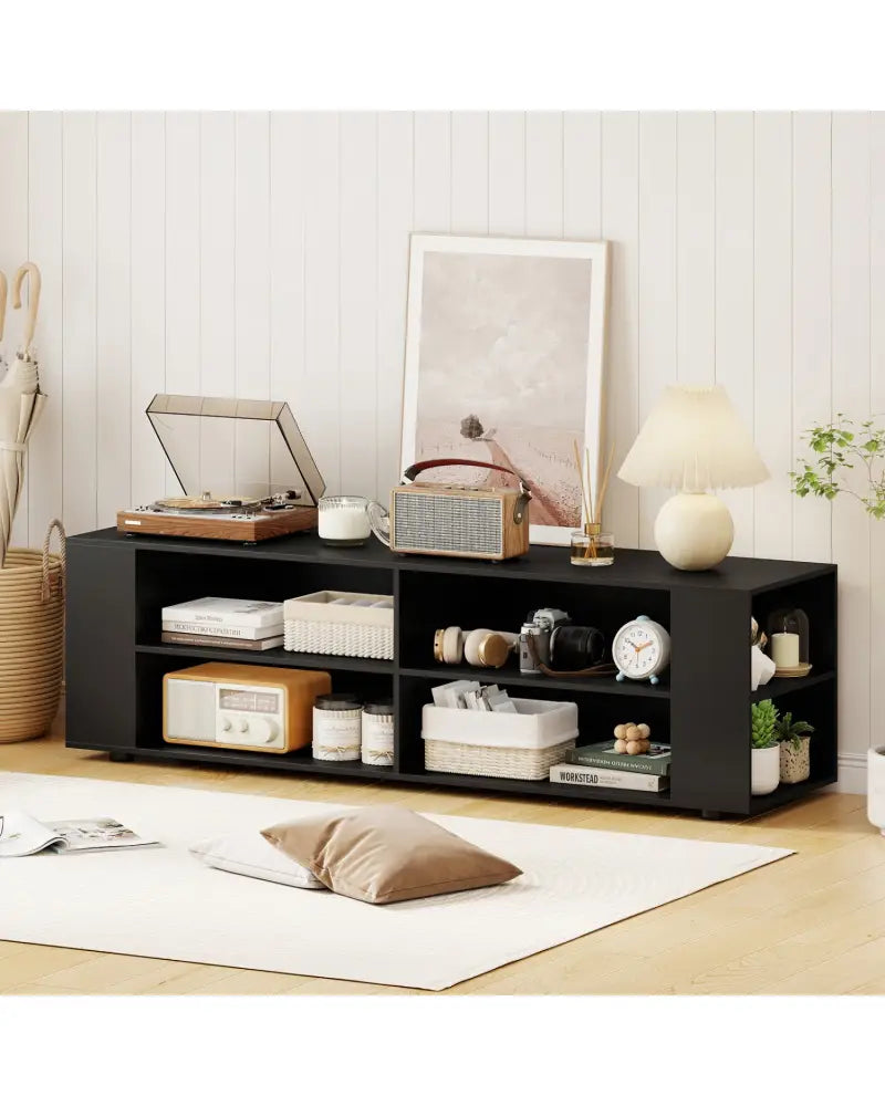 59 Inch Console Storage Entertainment Media Wood TV Stand-Black - Black - Entertainment Centers & TV Stands