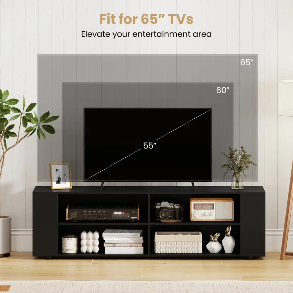 59 Inch Console Storage Entertainment Media Wood TV Stand-Black - Black - Entertainment Centers & TV Stands