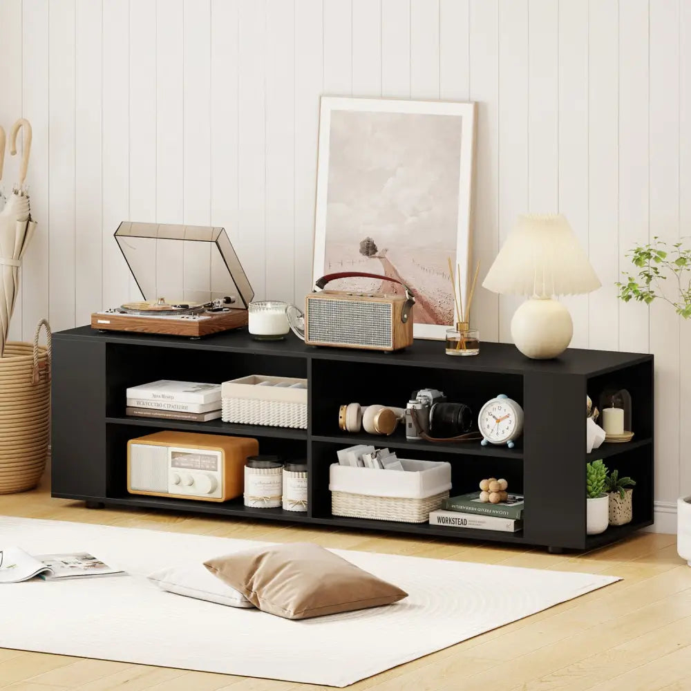 59 Inch Console Storage Entertainment Media Wood TV Stand-Black - Black - Entertainment Centers & TV Stands