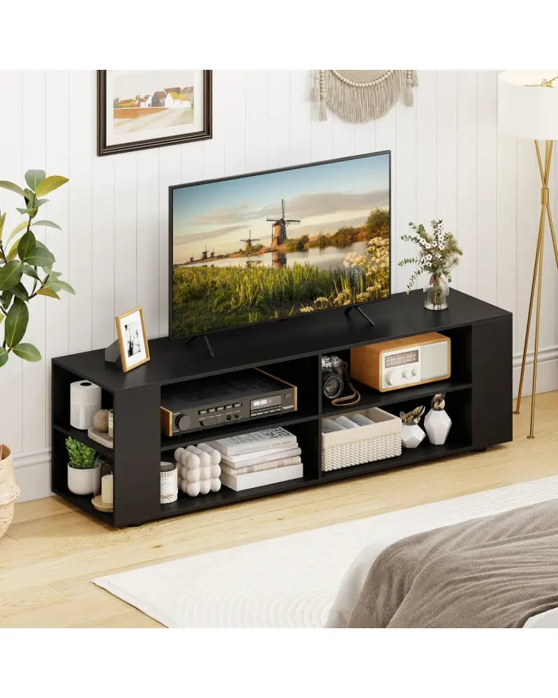 59 Inch Console Storage Entertainment Media Wood TV Stand-Black - Black - Entertainment Centers & TV Stands