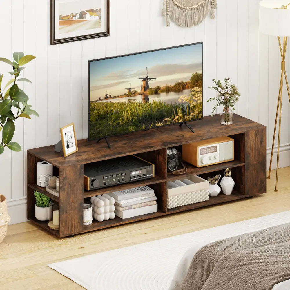 59 Inch Console Storage Entertainment Media Wood TV Stand-Walnut - Walnut - Entertainment Centers & TV Stands