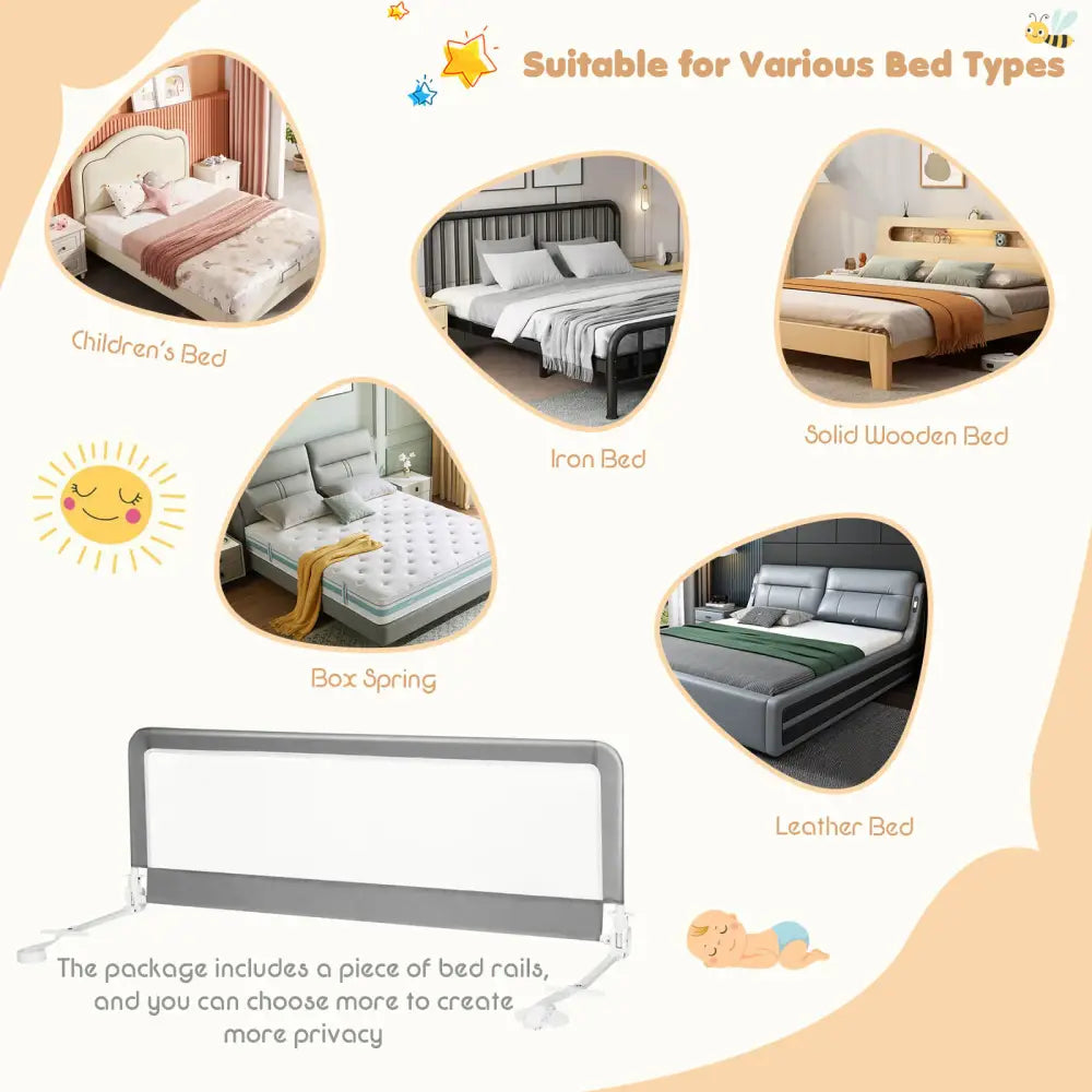 59 Inch Extra Long Folding Breathable Baby Children Toddlers Bed Rail Guard with Safety Strap-Gray - Gray - Bed Rails
