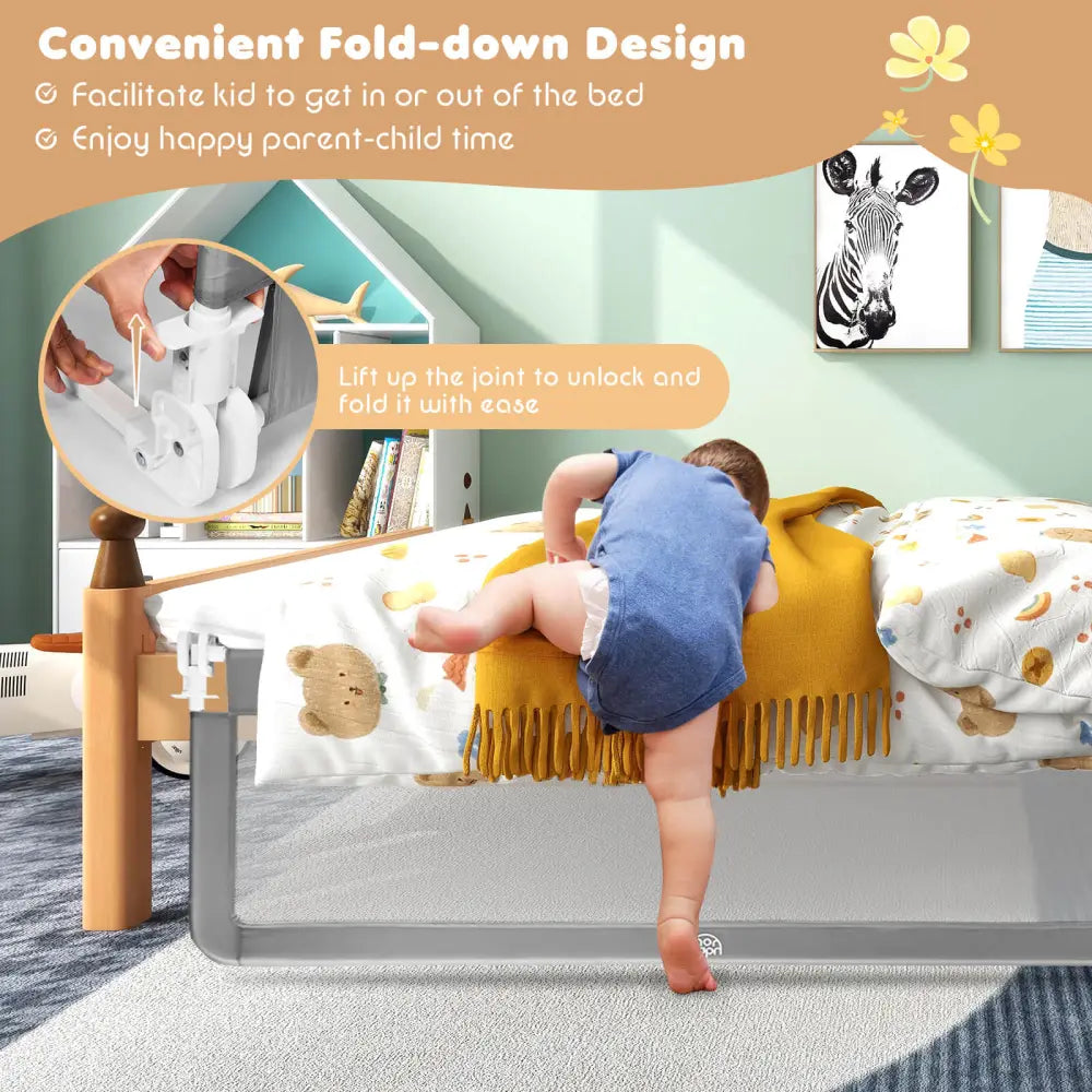 59 Inch Extra Long Folding Breathable Baby Children Toddlers Bed Rail Guard with Safety Strap-Gray - Gray - Bed Rails