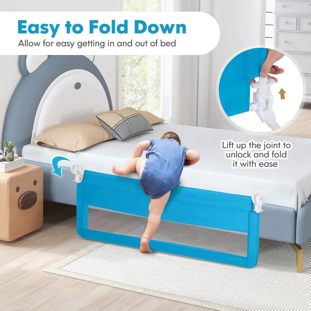 59 Inch Extra Long Folding Breathable Baby Children Toddlers Bed Rail Guard with Safety Strap-Blue - Blue - Bed Rails