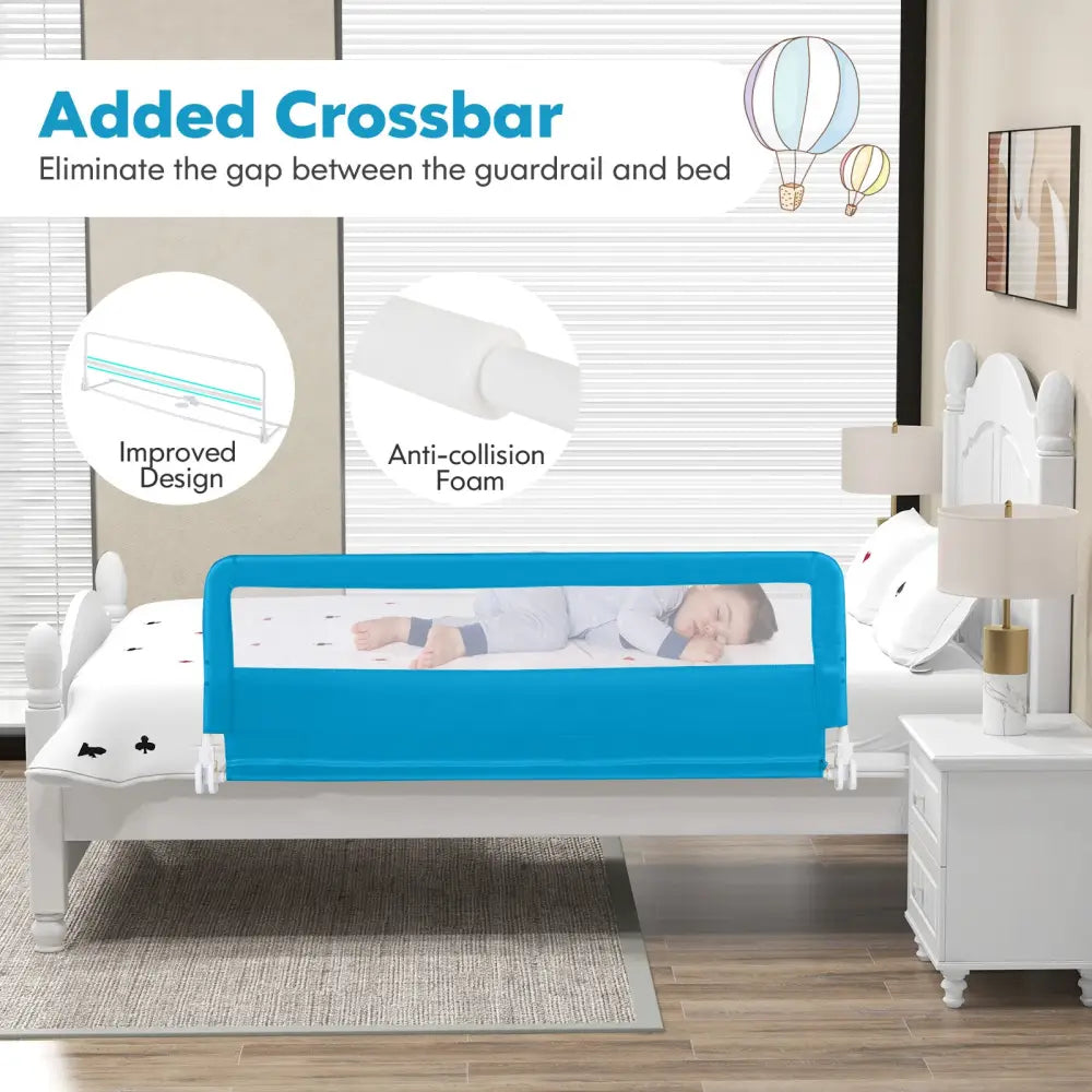 59 Inch Extra Long Folding Breathable Baby Children Toddlers Bed Rail Guard with Safety Strap-Blue - Blue - Bed Rails