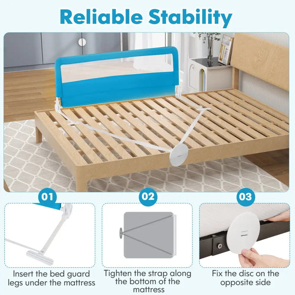 59 Inch Extra Long Folding Breathable Baby Children Toddlers Bed Rail Guard with Safety Strap-Blue - Blue - Bed Rails