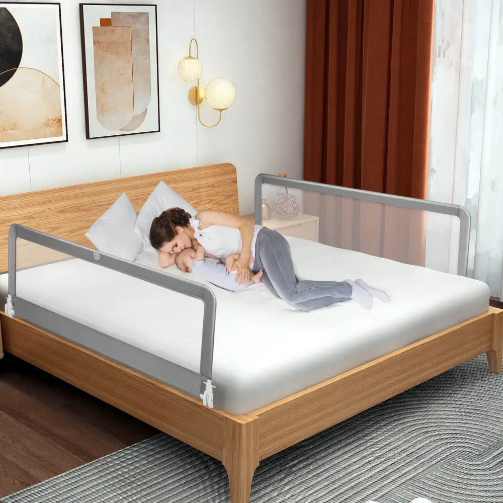 59 Inch Extra Long Folding Breathable Baby Children Toddlers Bed Rail Guard with Safety Strap-Gray - Gray - Bed Rails