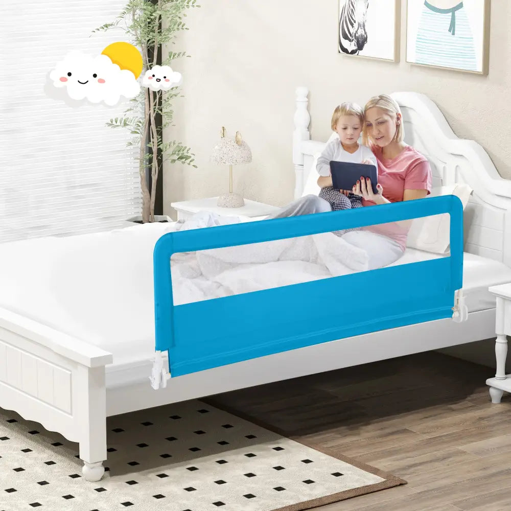 59 Inch Extra Long Folding Breathable Baby Children Toddlers Bed Rail Guard with Safety Strap-Blue - Blue - Bed Rails