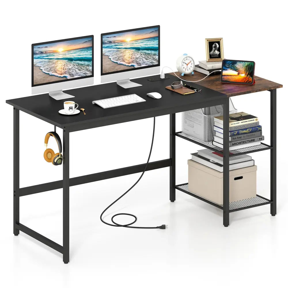 59 Inch Home Office Computer Desk with Removable Storage Shelves-Black - Black - Computer Desks