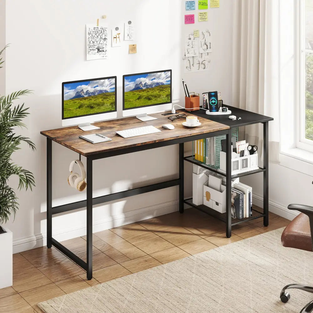59 Inch Home Office Computer Desk with Removable Storage Shelves-Rustic Brown - Rustic Brown - Computer Desks