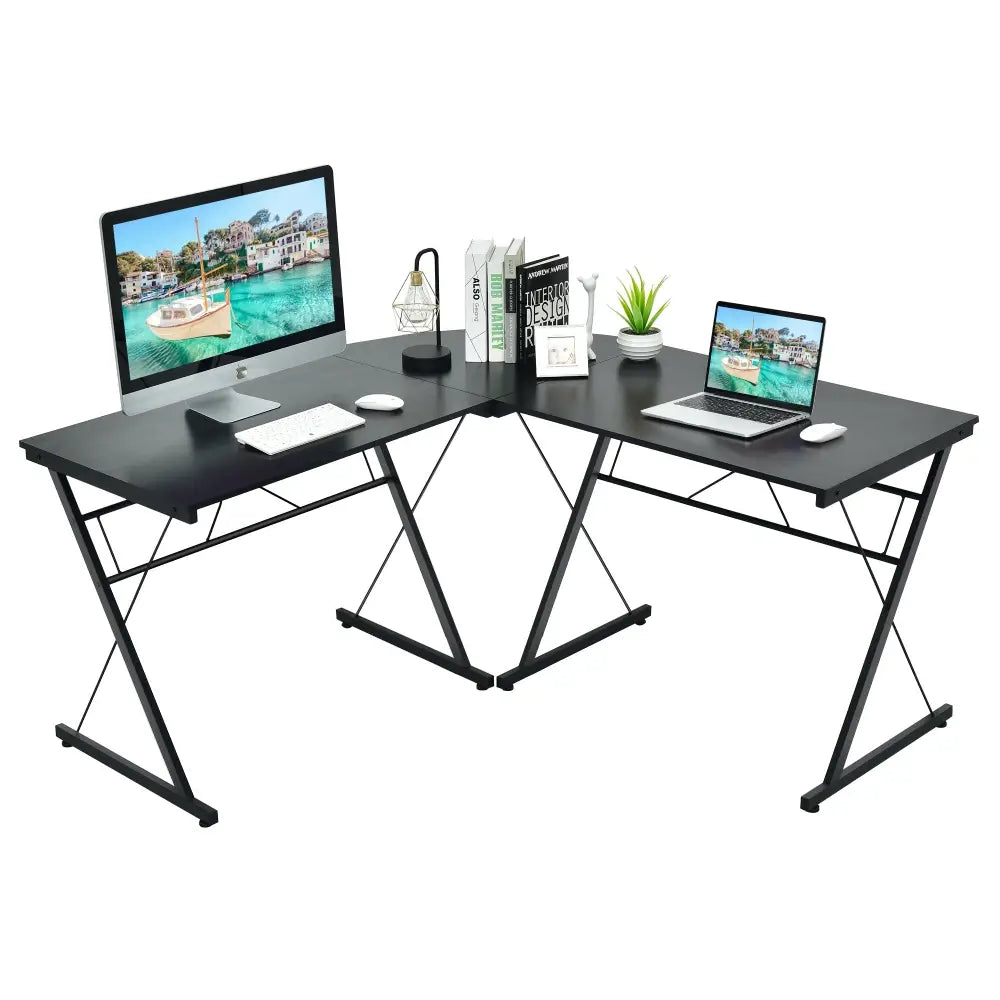 59 Inch L-Shaped Corner Desk Computer Table for Home Office Study Workstation-Black Costway