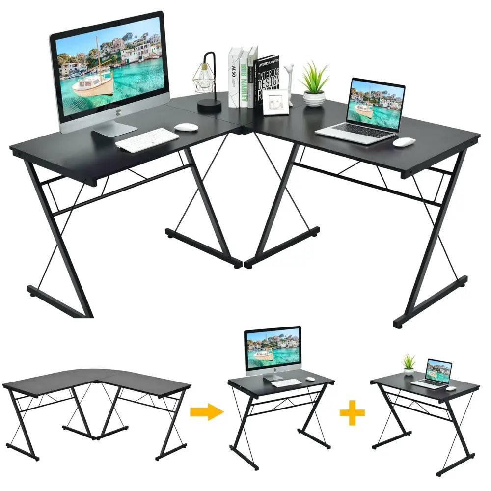 59 Inch L-Shaped Corner Desk Computer Table for Home Office Study Workstation-Black Costway