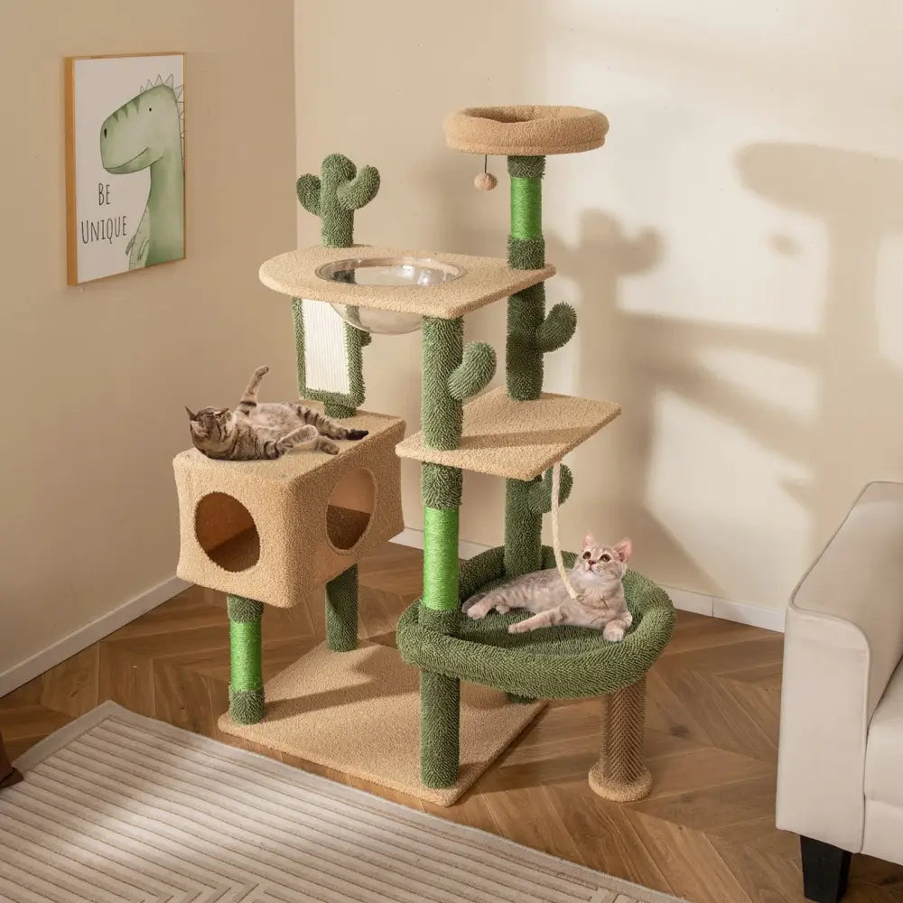59 Inch Multilevel Cactus Cat Tree with Scratching Posts Cando Toy and Rope-Green - Green - Cat Trees Condos &