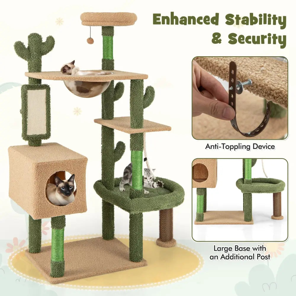59 Inch Multilevel Cactus Cat Tree with Scratching Posts Cando Toy and Rope-Green - Green - Cat Trees Condos &