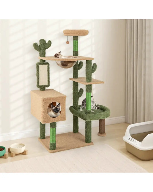 59 Inch Multilevel Cactus Cat Tree with Scratching Posts Cando Toy and Rope-Green - Green - Cat Trees Condos &