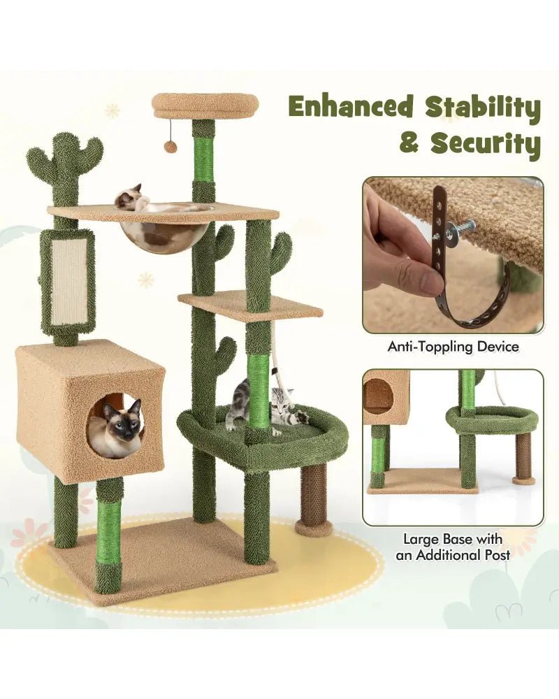 59 Inch Multilevel Cactus Cat Tree with Scratching Posts Cando Toy and Rope-Green - Green - Cat Trees Condos &