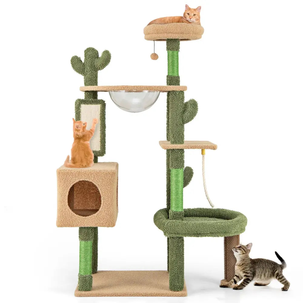 59 Inch Multilevel Cactus Cat Tree with Scratching Posts Cando Toy and Rope-Green - Green - Cat Trees Condos &