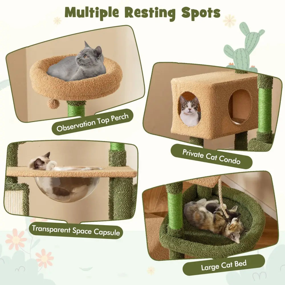 59 Inch Multilevel Cactus Cat Tree with Scratching Posts Cando Toy and Rope-Green - Green - Cat Trees Condos &