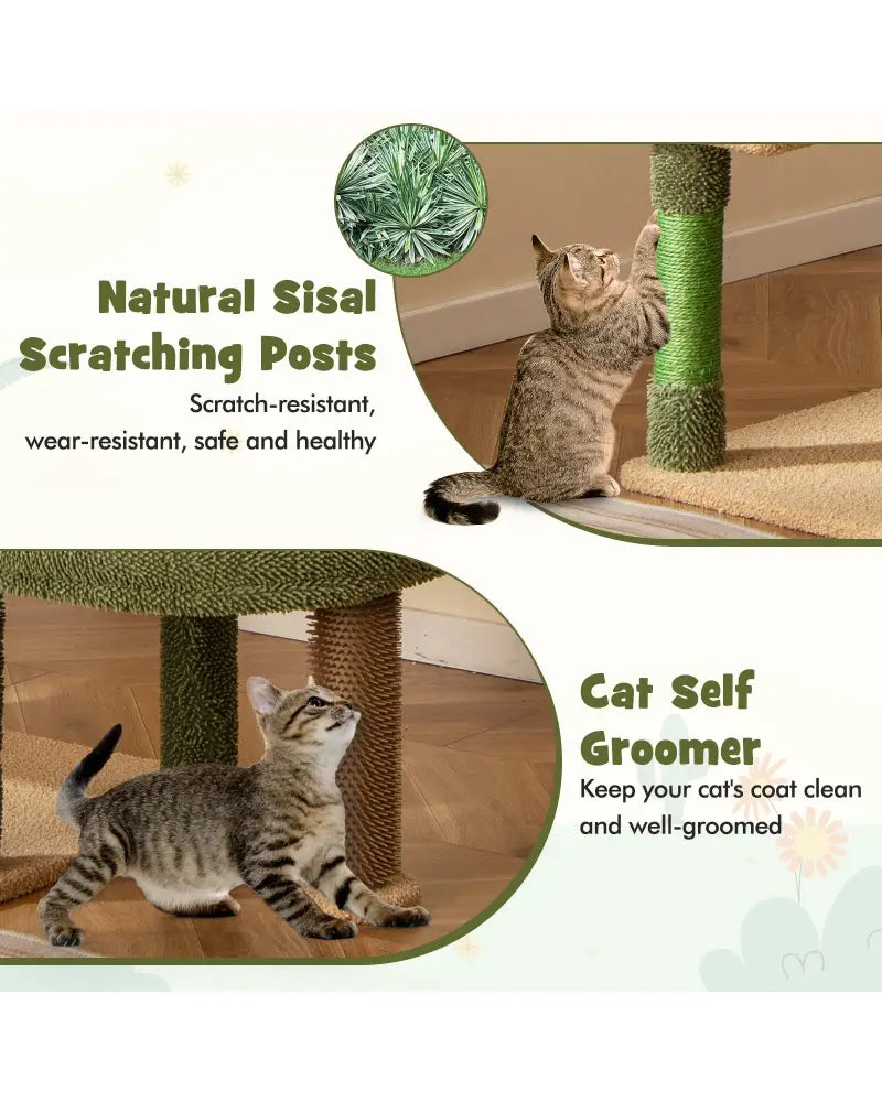 59 Inch Multilevel Cactus Cat Tree with Scratching Posts Cando Toy and Rope-Green - Green - Cat Trees Condos &