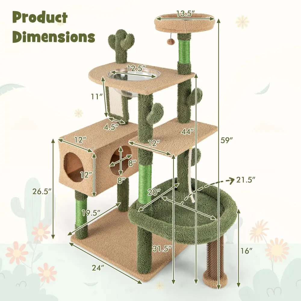 59 Inch Multilevel Cactus Cat Tree with Scratching Posts Cando Toy and Rope-Green - Green - Cat Trees Condos &