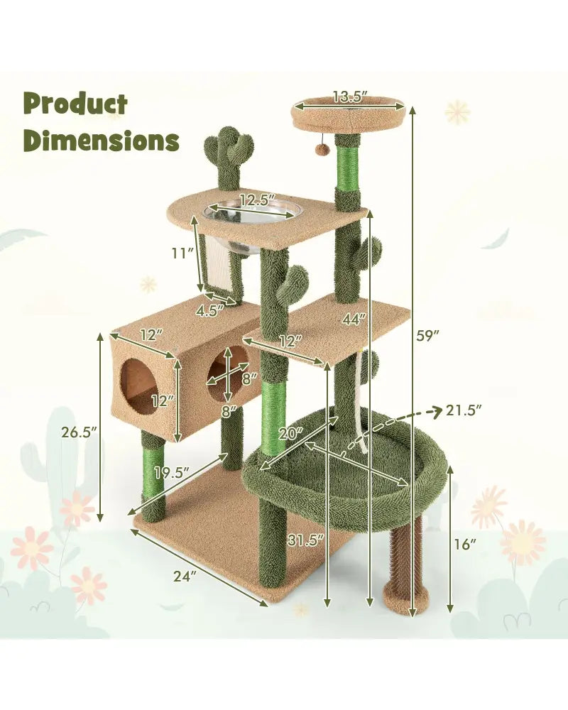 59 Inch Multilevel Cactus Cat Tree with Scratching Posts Cando Toy and Rope-Green - Green - Cat Trees Condos &