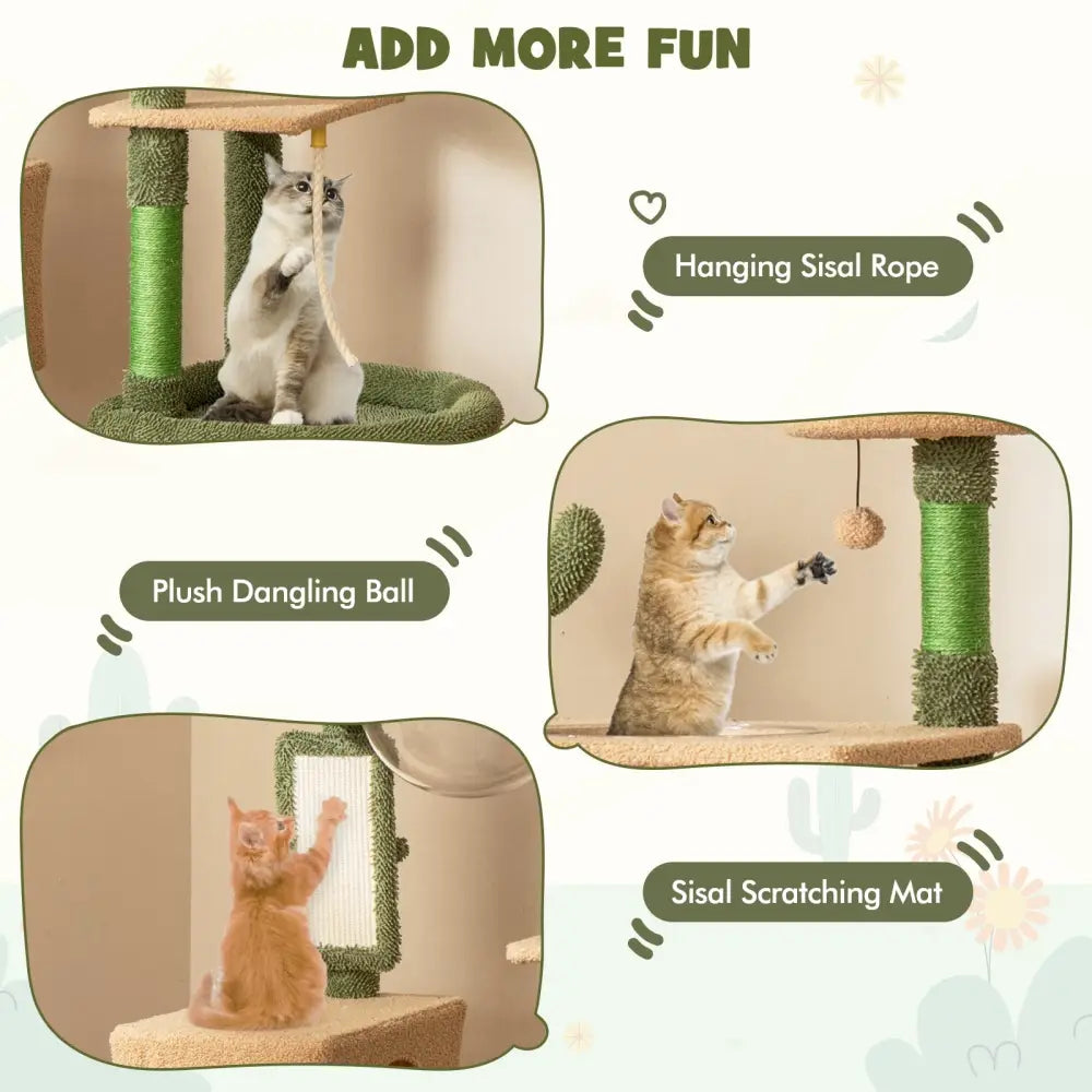 59 Inch Multilevel Cactus Cat Tree with Scratching Posts Cando Toy and Rope-Green - Green - Cat Trees Condos &