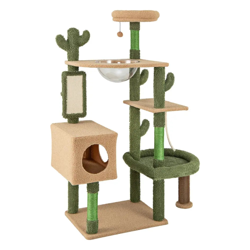 59 Inch Multilevel Cactus Cat Tree with Scratching Posts Cando Toy and Rope-Green - Green - Cat Trees Condos &