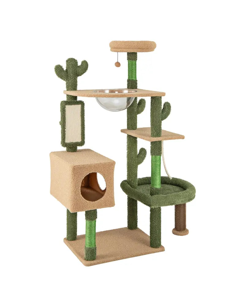 59 Inch Multilevel Cactus Cat Tree with Scratching Posts Cando Toy and Rope-Green - Green - Cat Trees Condos &