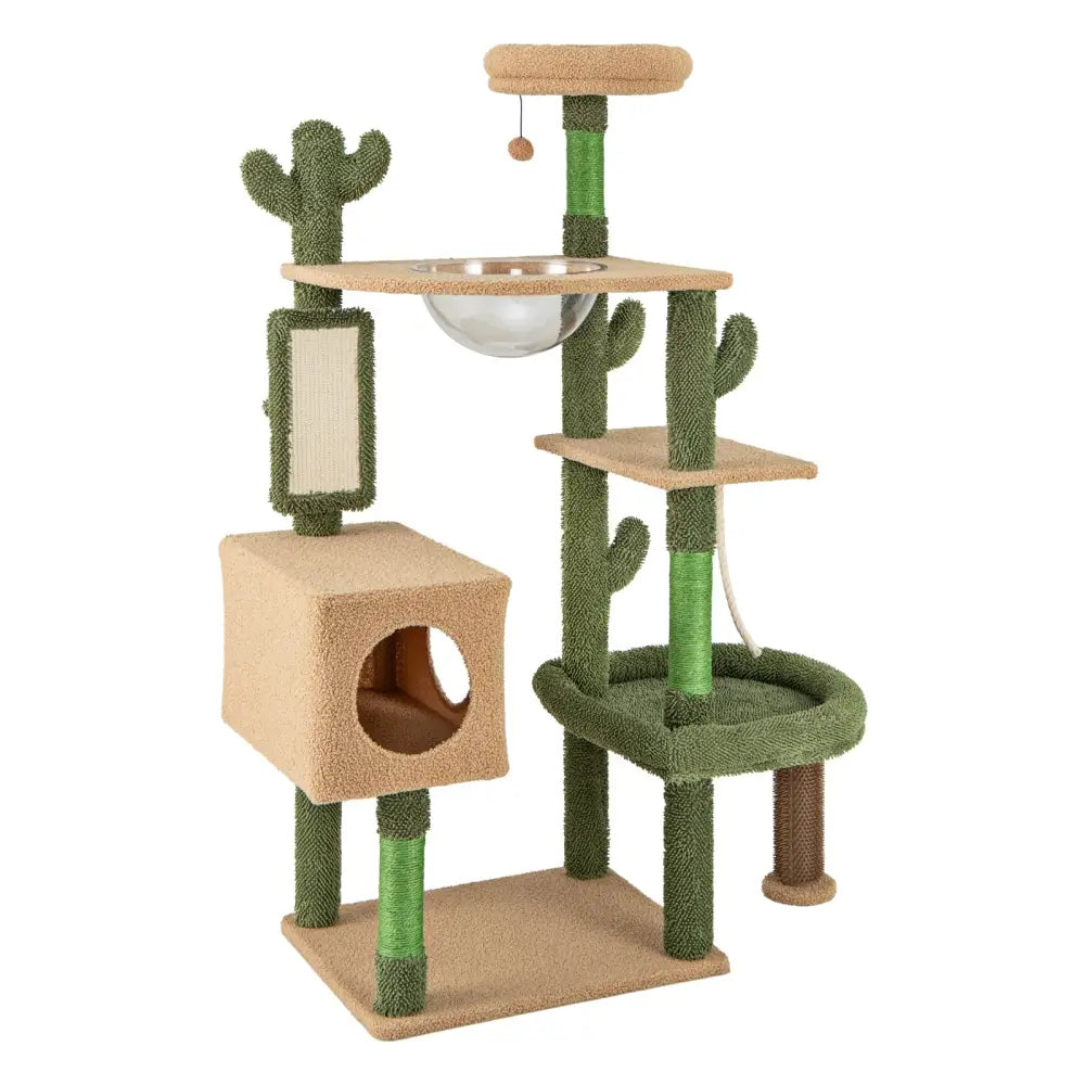 59 Inch Multilevel Cactus Cat Tree with Scratching Posts Cando Toy and Rope-Green - Green - Cat Trees Condos &