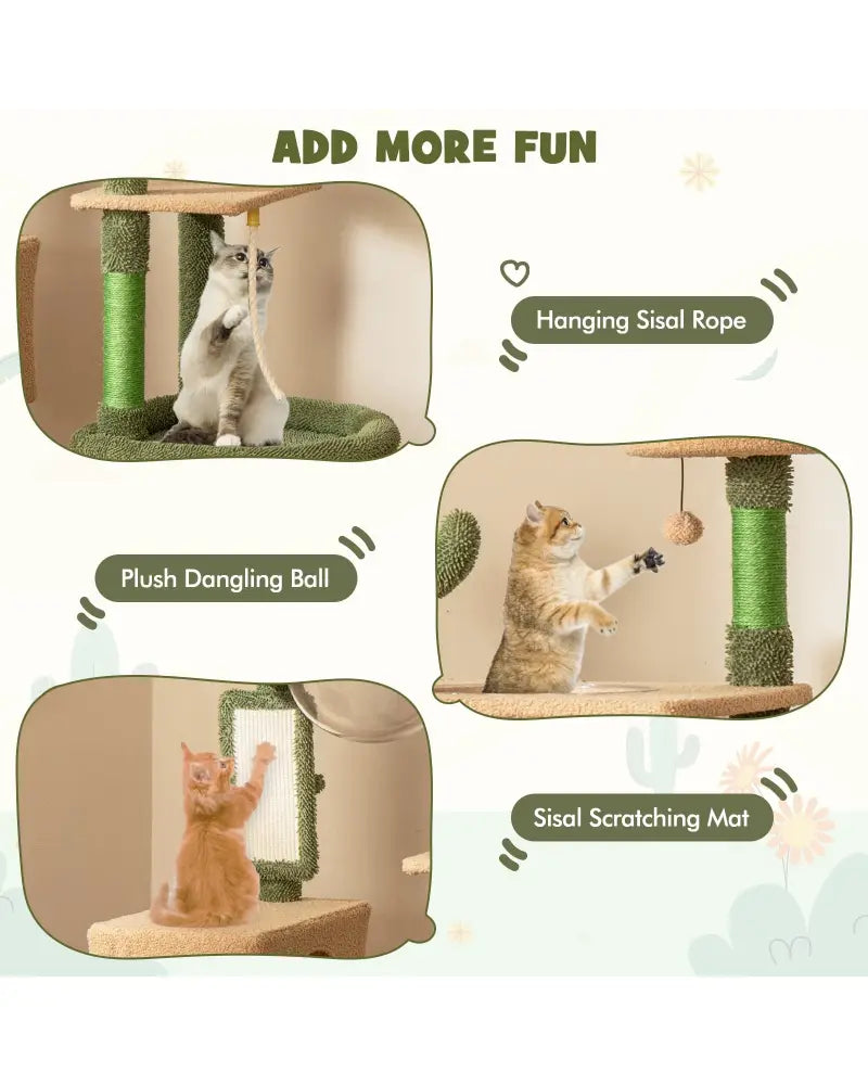 59 Inch Multilevel Cactus Cat Tree with Scratching Posts Cando Toy and Rope-Green - Green - Cat Trees Condos &