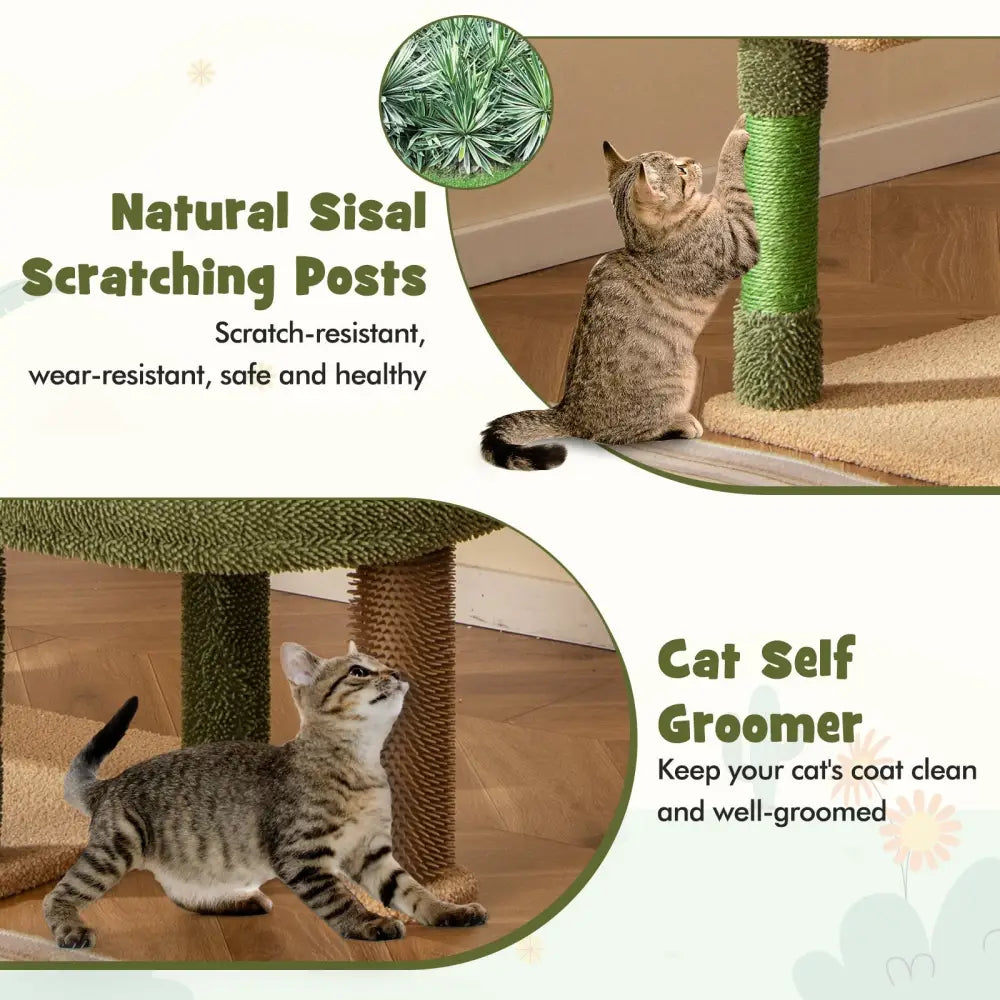 59 Inch Multilevel Cactus Cat Tree with Scratching Posts Cando Toy and Rope-Green - Green - Cat Trees Condos &