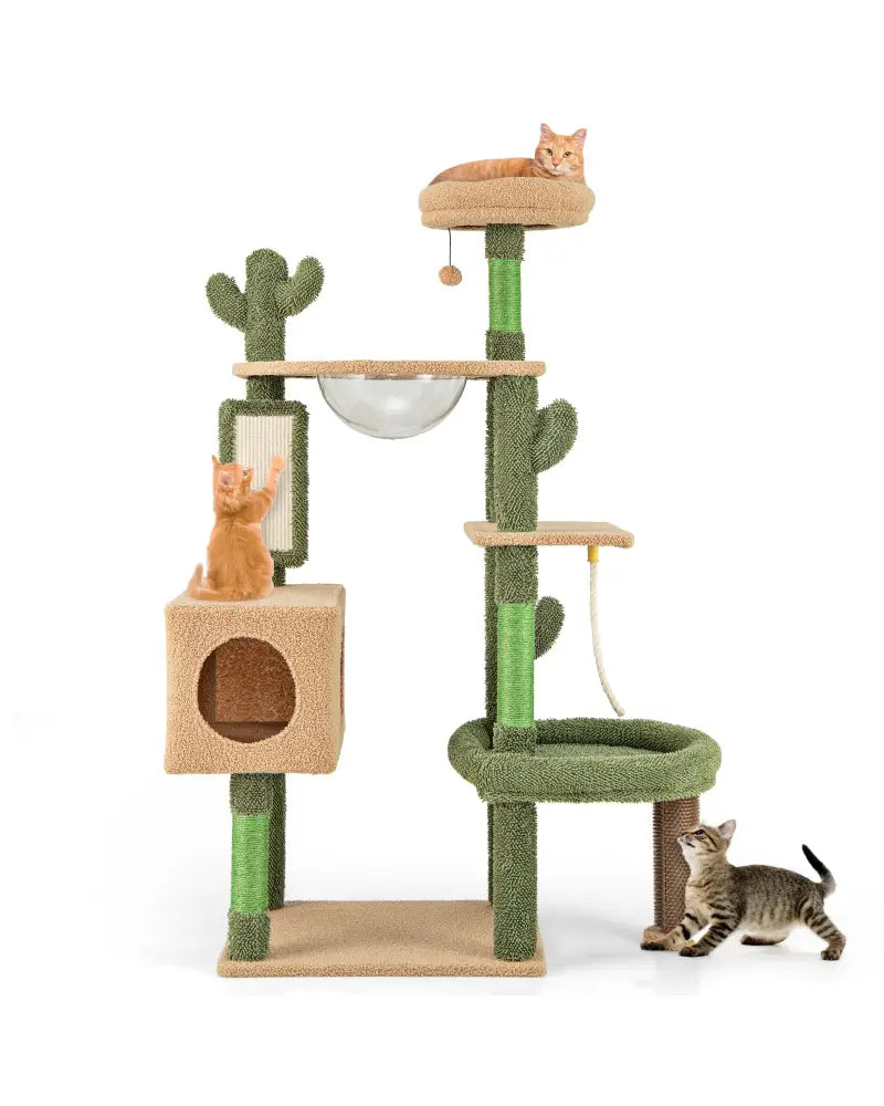 59 Inch Multilevel Cactus Cat Tree with Scratching Posts Cando Toy and Rope-Green - Green - Cat Trees Condos &