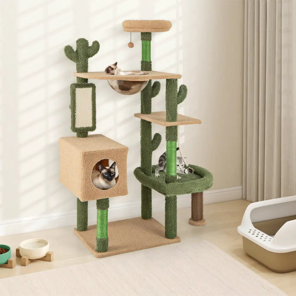 59 Inch Multilevel Cactus Cat Tree with Scratching Posts Cando Toy and Rope-Green - Green - Cat Trees Condos &