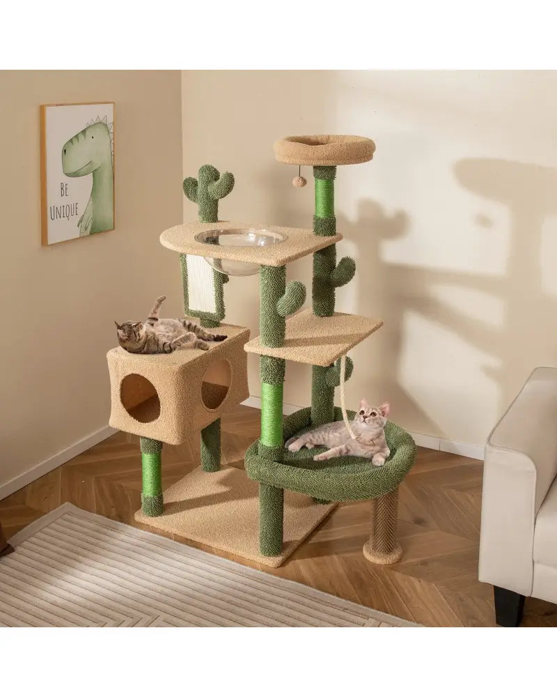 59 Inch Multilevel Cactus Cat Tree with Scratching Posts Cando Toy and Rope-Green - Green - Cat Trees Condos &