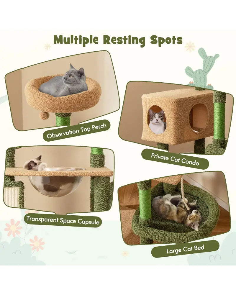 59 Inch Multilevel Cactus Cat Tree with Scratching Posts Cando Toy and Rope-Green - Green - Cat Trees Condos &