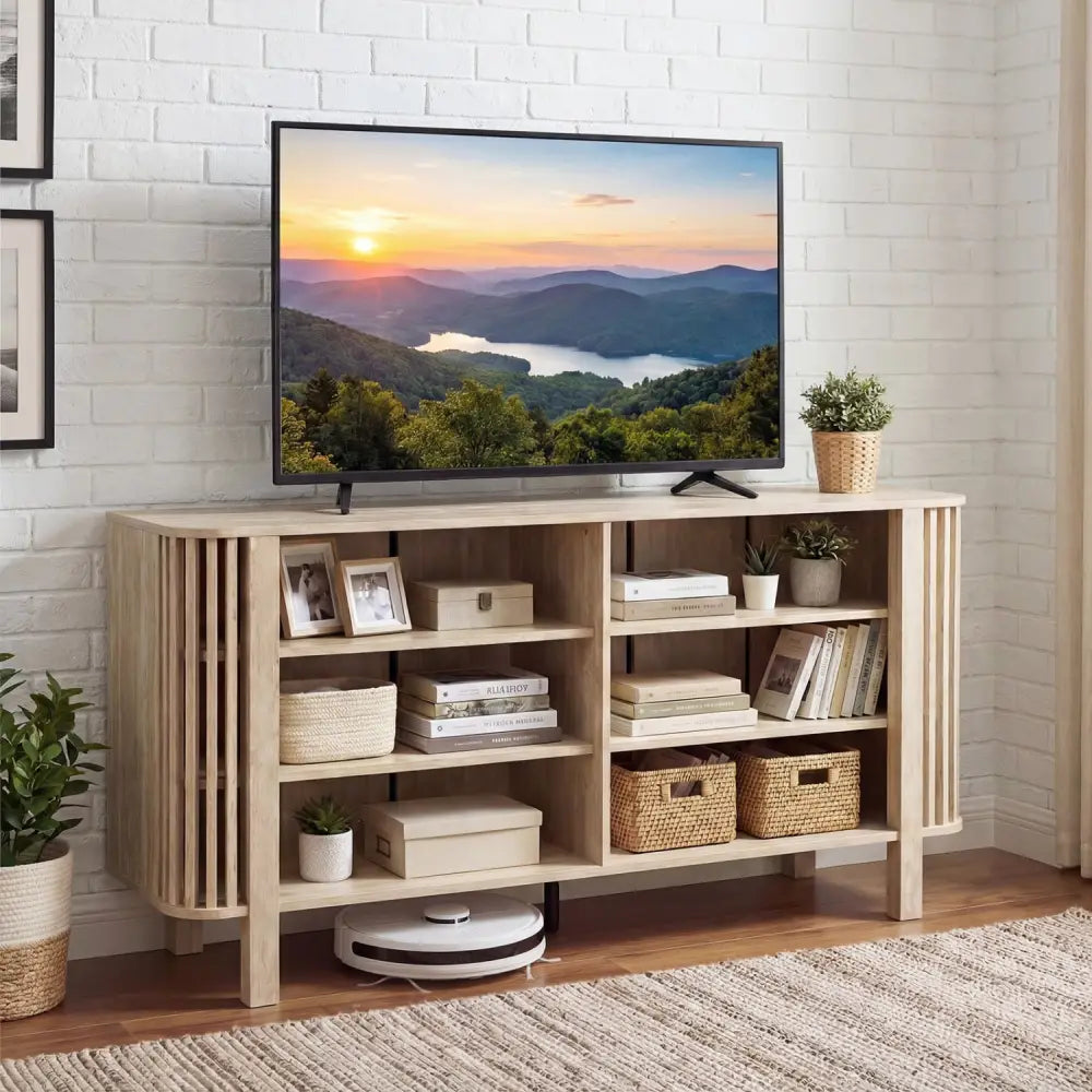59 Inch TV Stand for TVs Up to 55 Inches with Adjustable Shelves-Natural - Natural - Entertainment Centers & TV Stands