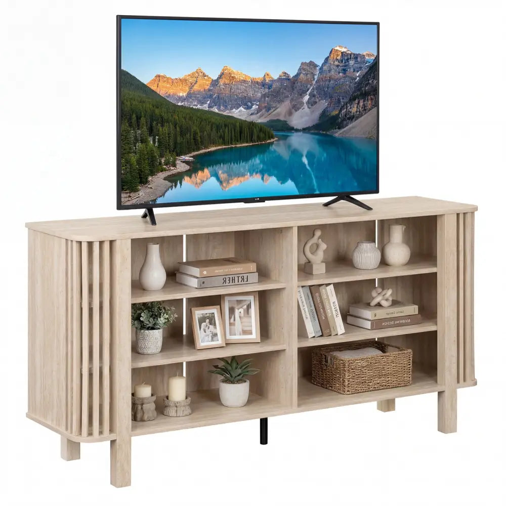 59 Inch TV Stand for TVs Up to 55 Inches with Adjustable Shelves-Natural - Natural - Entertainment Centers & TV Stands