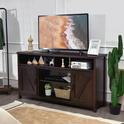 59 Inch TV Stand Media Center Console Cabinet with Barn Door for TV's 65 Inch-Brown Costway