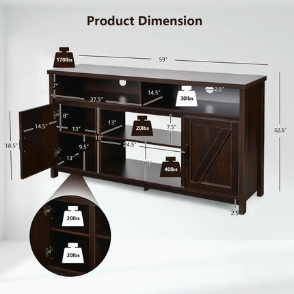 59 Inch TV Stand Media Center Console Cabinet with Barn Door for TV's 65 Inch-Brown Costway