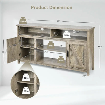 59 Inch TV Stand Media Center Console Cabinet with Barn Door for TV's 65 Inch-Natural Costway