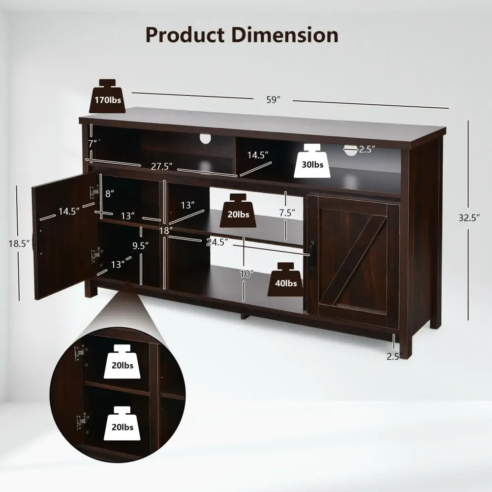59 Inch TV Stand Media Center Console Cabinet with Barn Door for TV’s 65 Inch-Brown - Brown - Entertainment Centers &