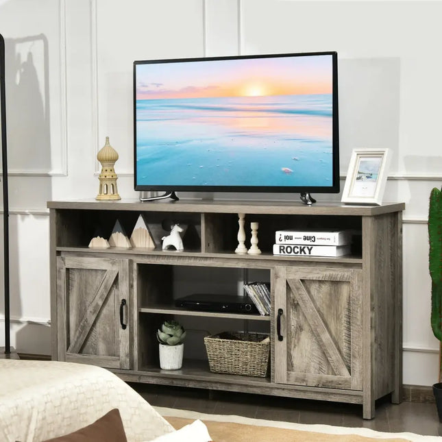 59 Inch TV Stand Media Center Console Cabinet with Barn Door for TV's 65 Inch-Natural Costway