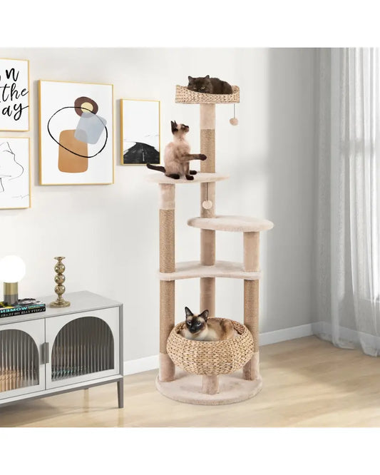 59 Inches Cat Tree with Perch and Soft Hammock for Indoor Cats-Beige - Beige - Cat Trees Condos & Scratchers