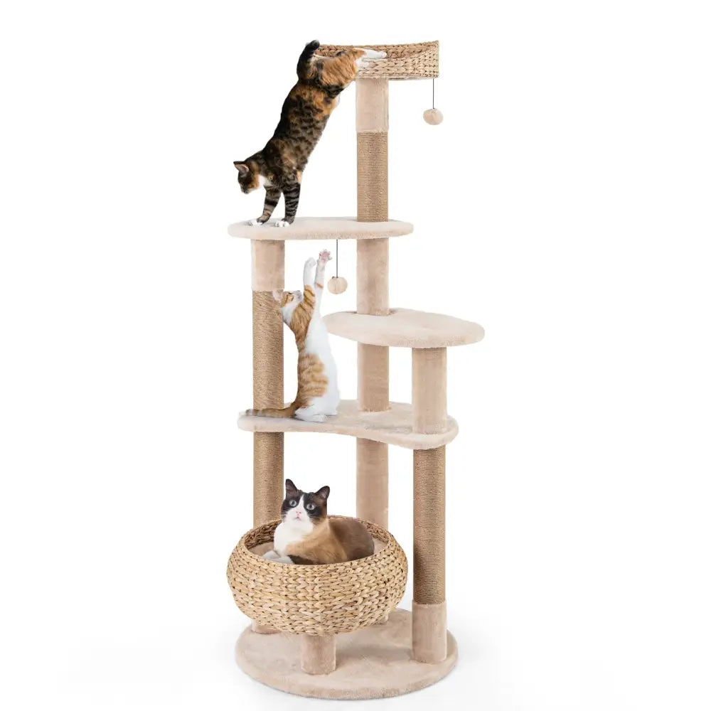 59 Inches Cat Tree with Perch and Soft Hammock for Indoor Cats-Beige - Beige - Cat Trees Condos & Scratchers