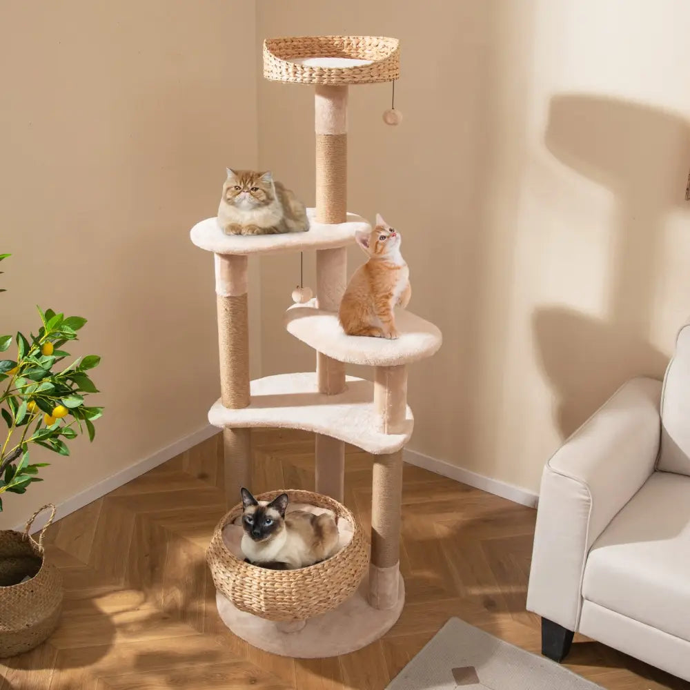 59 Inches Cat Tree with Perch and Soft Hammock for Indoor Cats-Beige - Beige - Cat Trees Condos & Scratchers