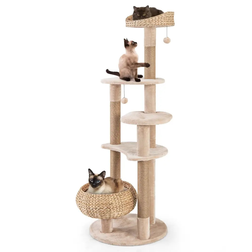 59 Inches Cat Tree with Perch and Soft Hammock for Indoor Cats-Beige - Beige - Cat Trees Condos & Scratchers