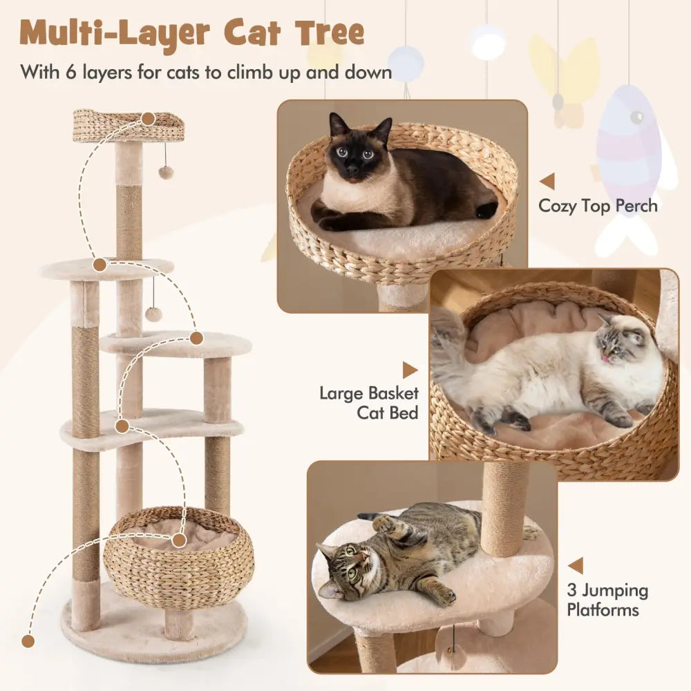 59 Inches Cat Tree with Perch and Soft Hammock for Indoor Cats-Beige - Beige - Cat Trees Condos & Scratchers