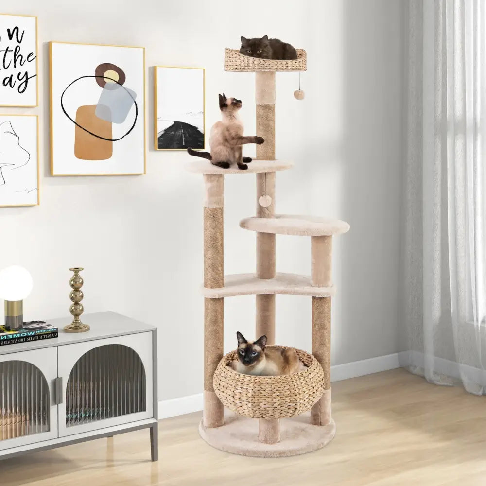 59 Inches Cat Tree with Perch and Soft Hammock for Indoor Cats-Beige - Beige - Cat Trees Condos & Scratchers