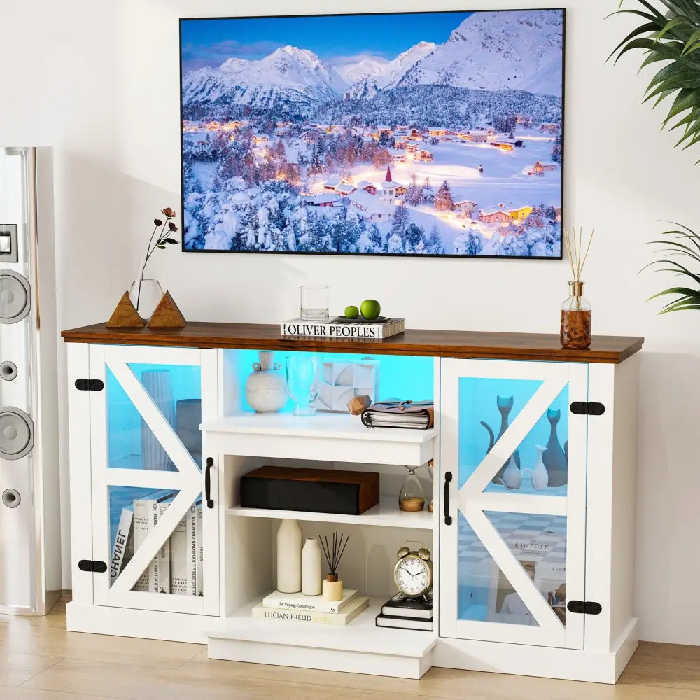 59 Inches Media Console Table with 3-Level Shelves and 22 Dynamic Modes-White - White - Entertainment Centers & TV